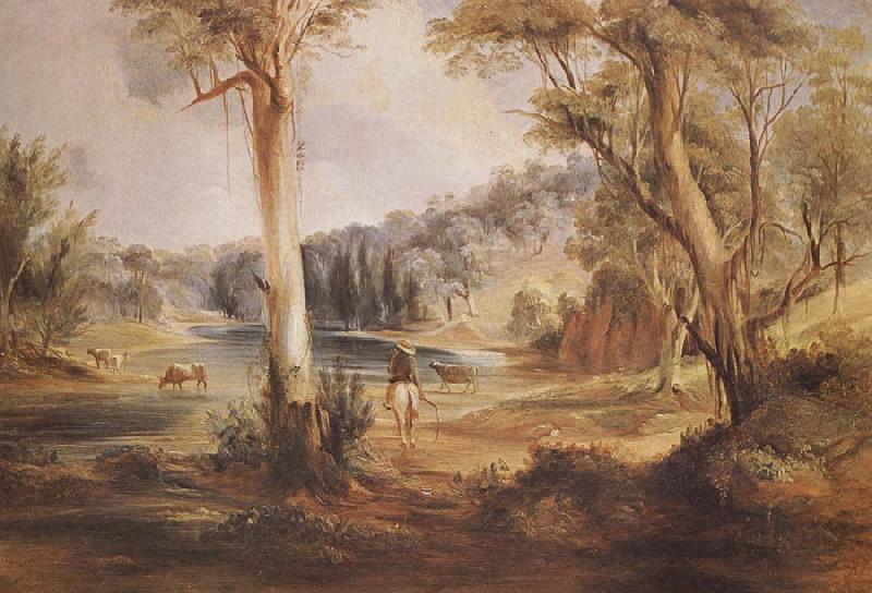 Conrad Martens Australian Landscape with cattle and a stockman at a creek Sweden oil painting art